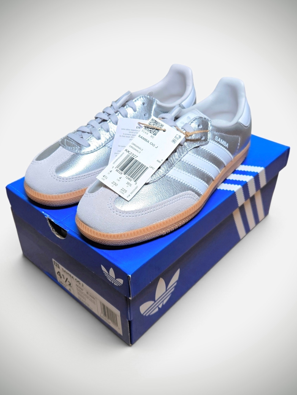 NEW Adidas Samba OG J 4.5 Youth Metallic Silver KK2327 Kids Junior Retro Shoes